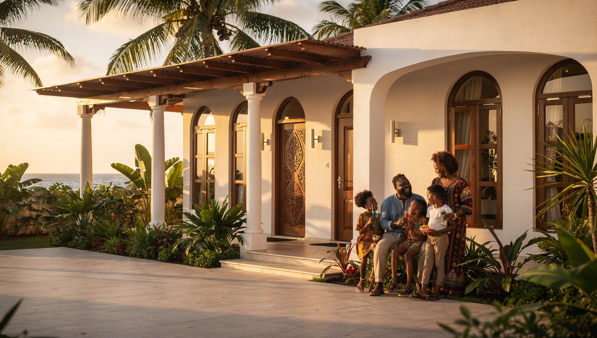 Modern Zanzibar home exterior with family