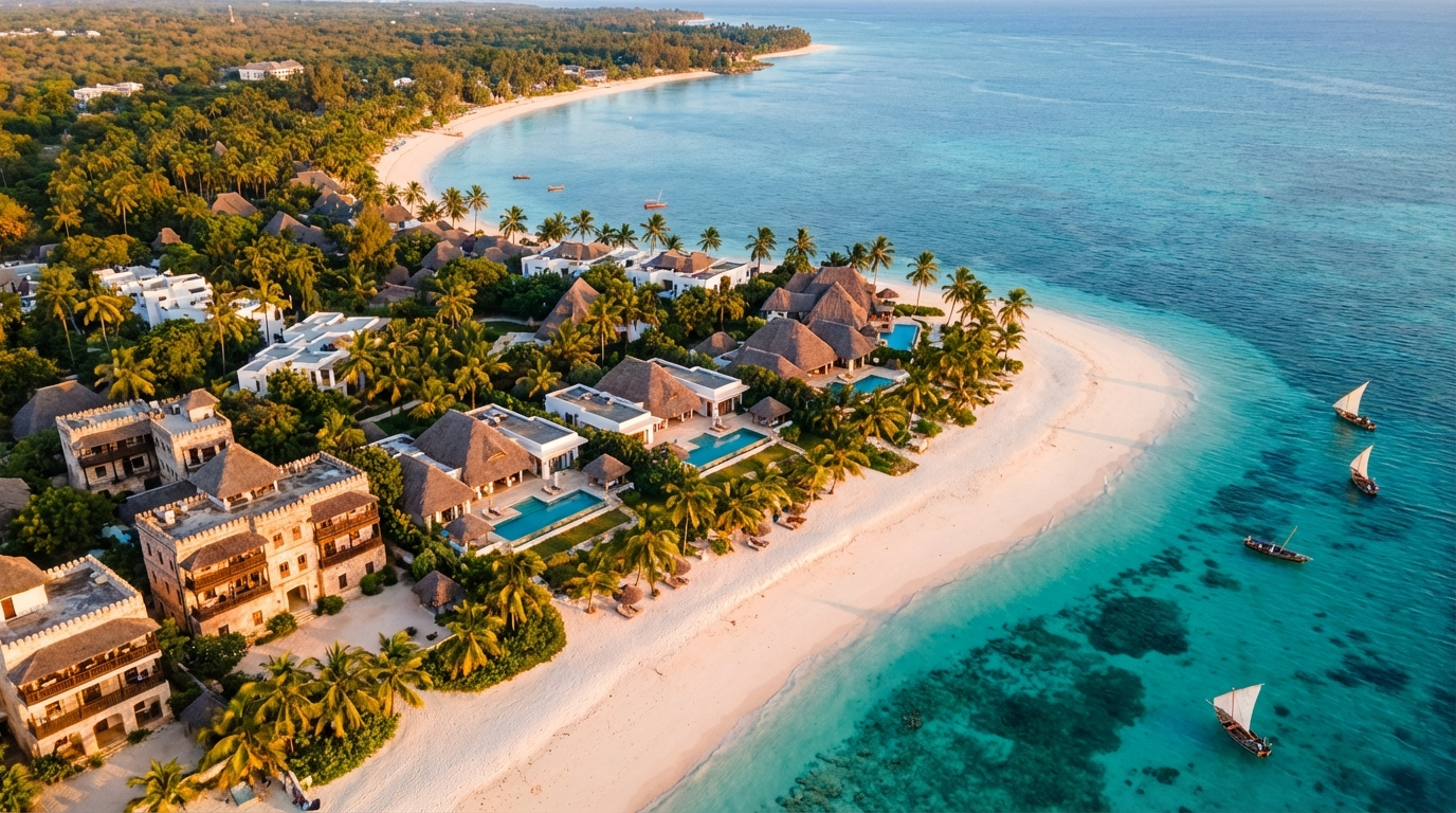 Aerial view of Zanzibar coastline with luxury villas and palm trees along white sand beach and turquoise ocean