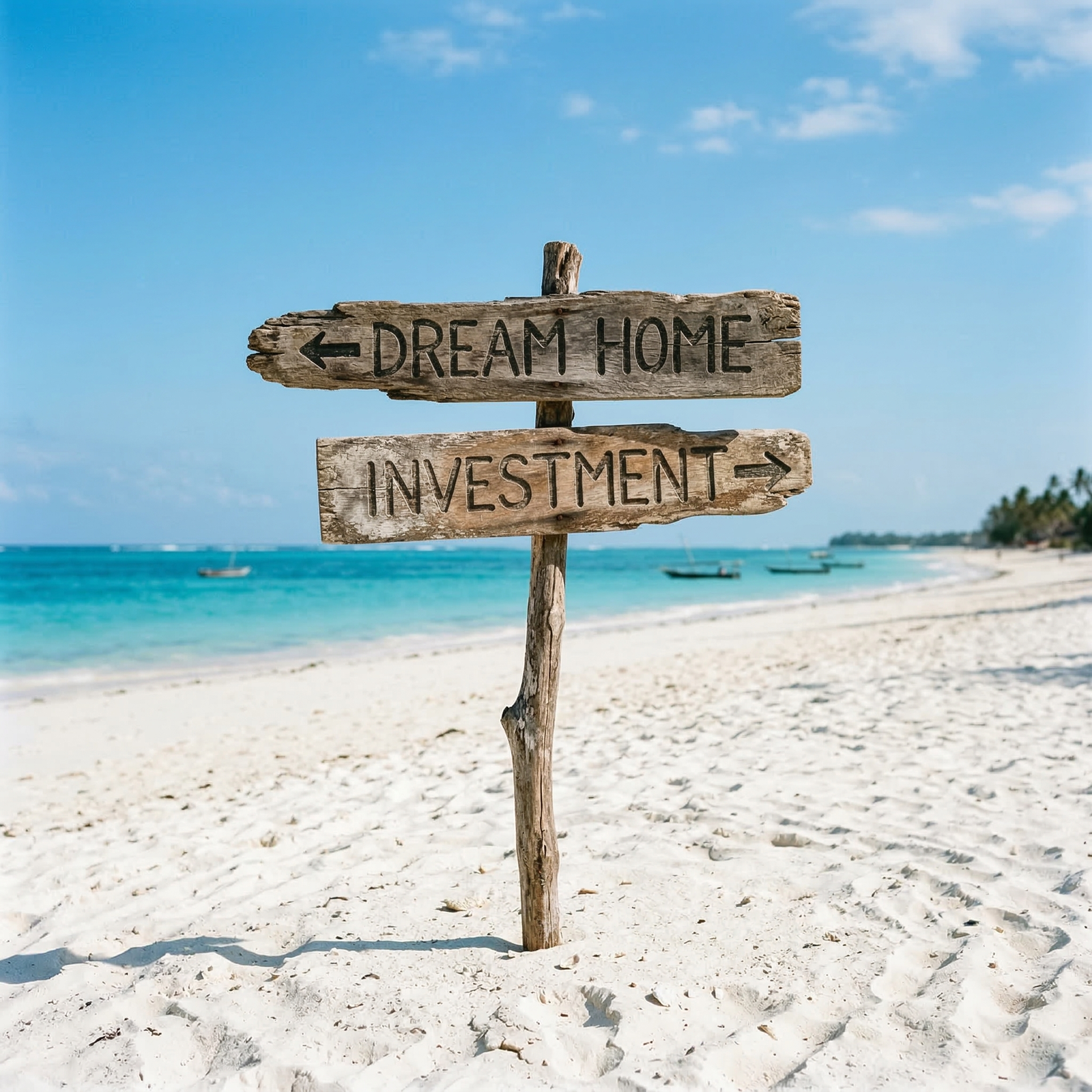 Two weathered wooden signs on white sand beach in Zanzibar pointing in opposite directions, one reading Dream Home and one reading Investment, with turquoise water and blue sky, representing the choice between buy to live and buy to let in Zanzibar.
