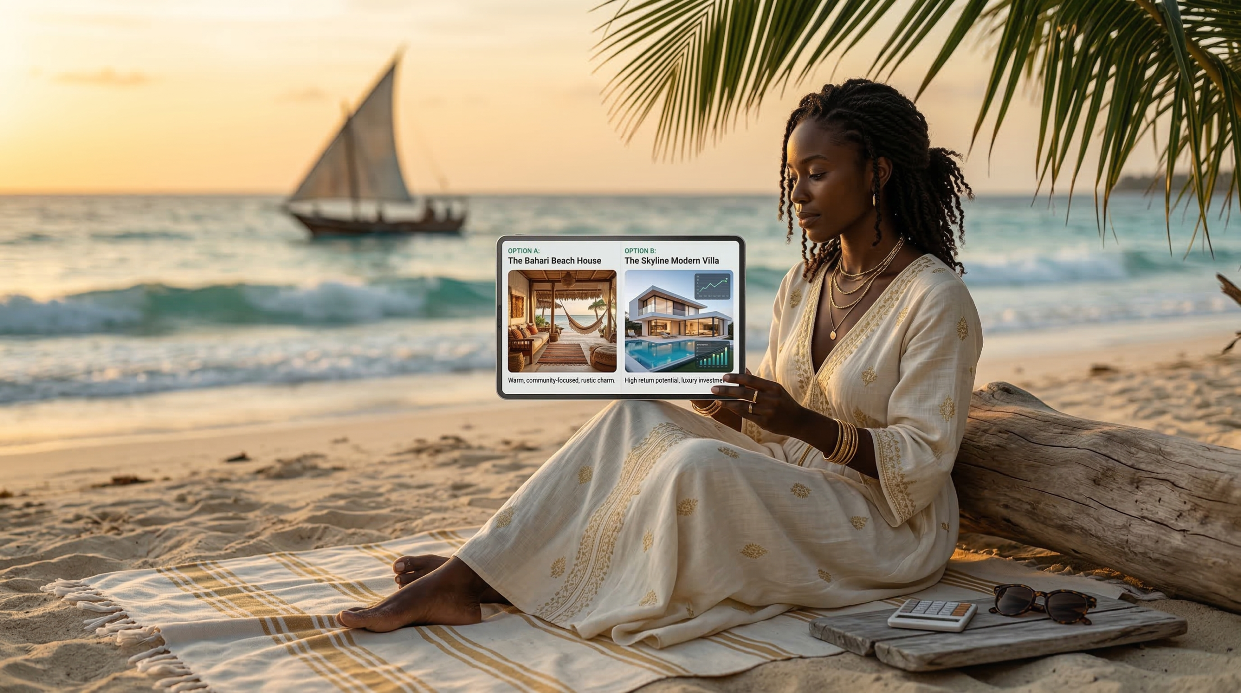 Young beautiful African woman sitting on Zanzibar beach at golden hour looking at a tablet showing two property options, with a calculator and sunglasses beside her, representing the decision between buy to let, and buy to live in Zanzibar