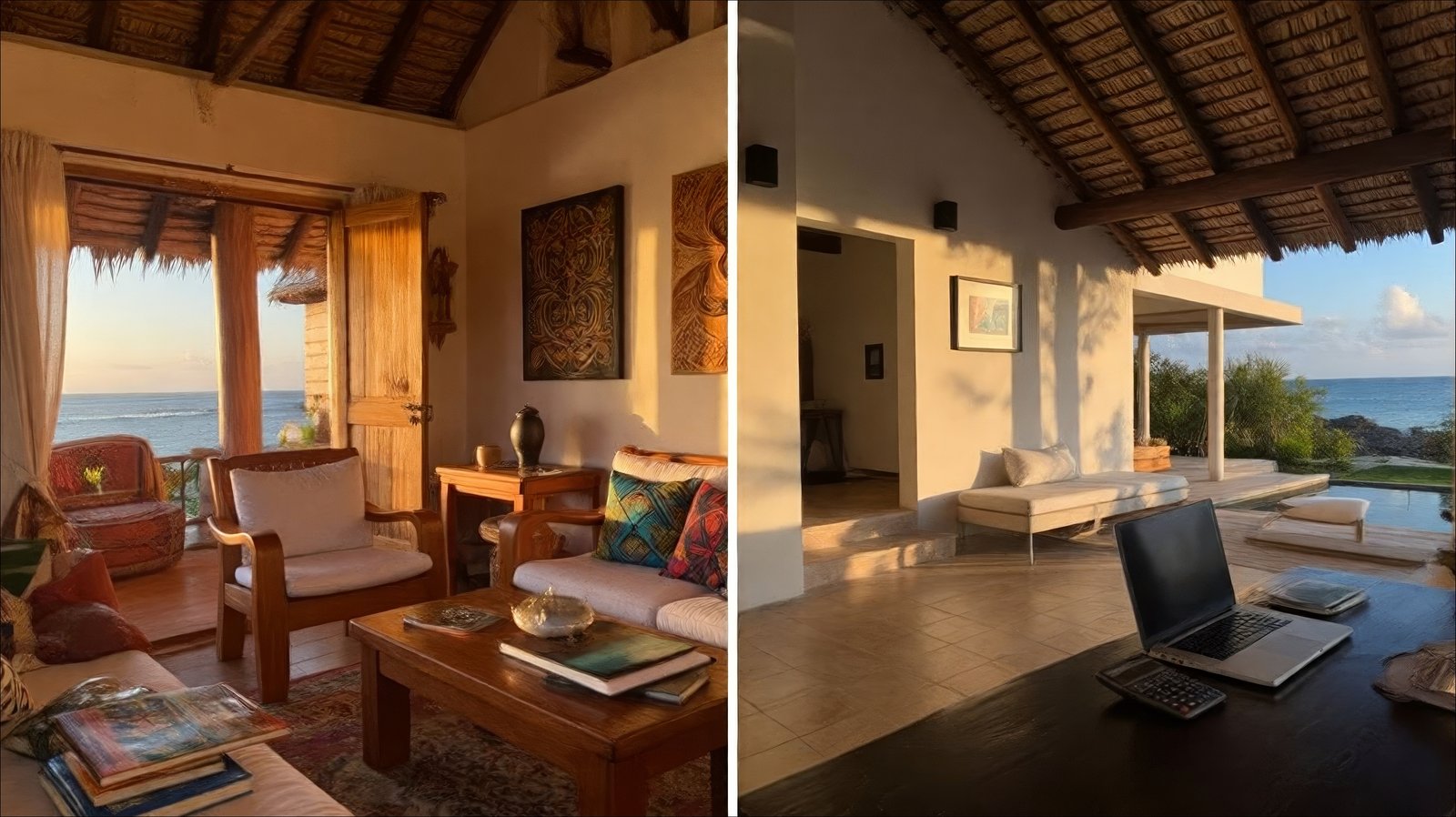Split composition showing a warm lived-in beach house on the left and a sleek modern investment villa on the right, with the Indian Ocean visible in the background, representing the choice between buy to let and buy to live in Zanzibar.