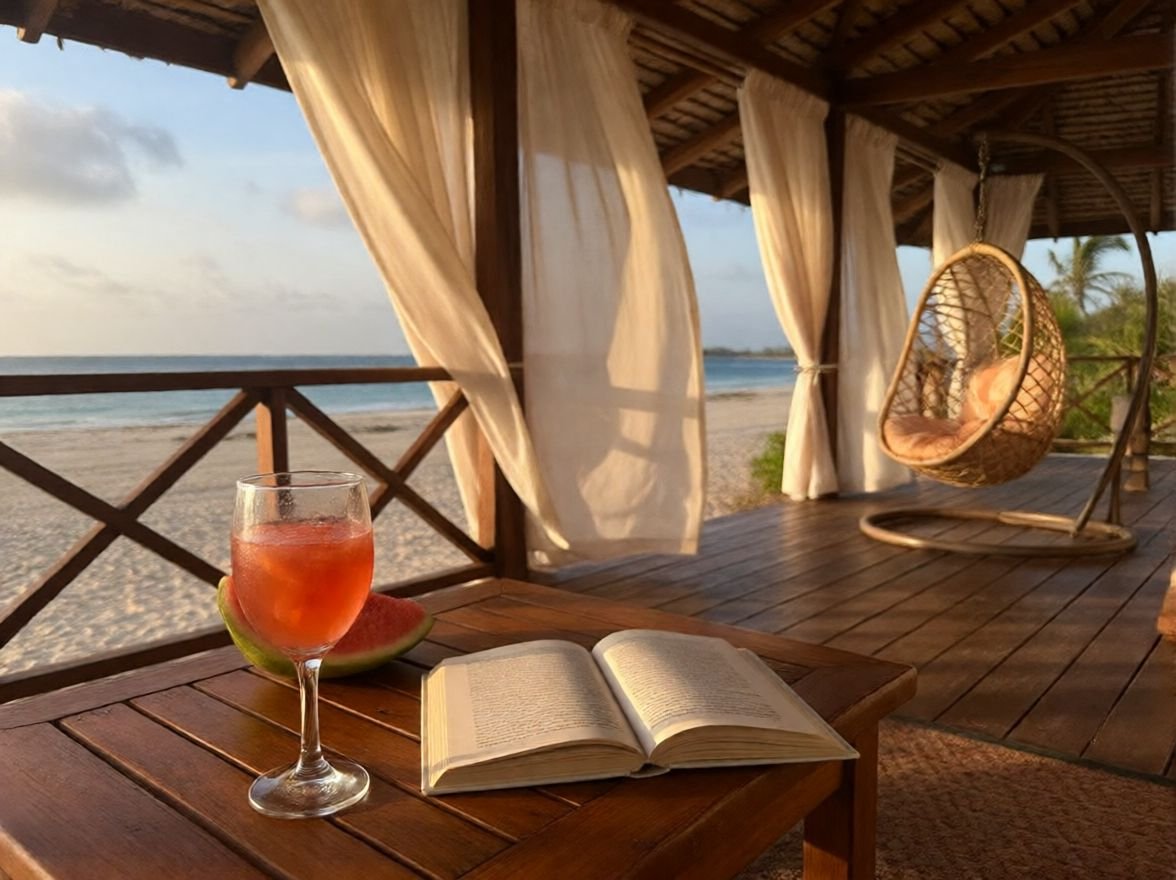 Tranquil Zanzibar beach house veranda at golden hour with wooden deck, hanging chair, coffee cup, open book, and white curtains blowing in the breeze, representing the buy to live dreamer's personal escape.