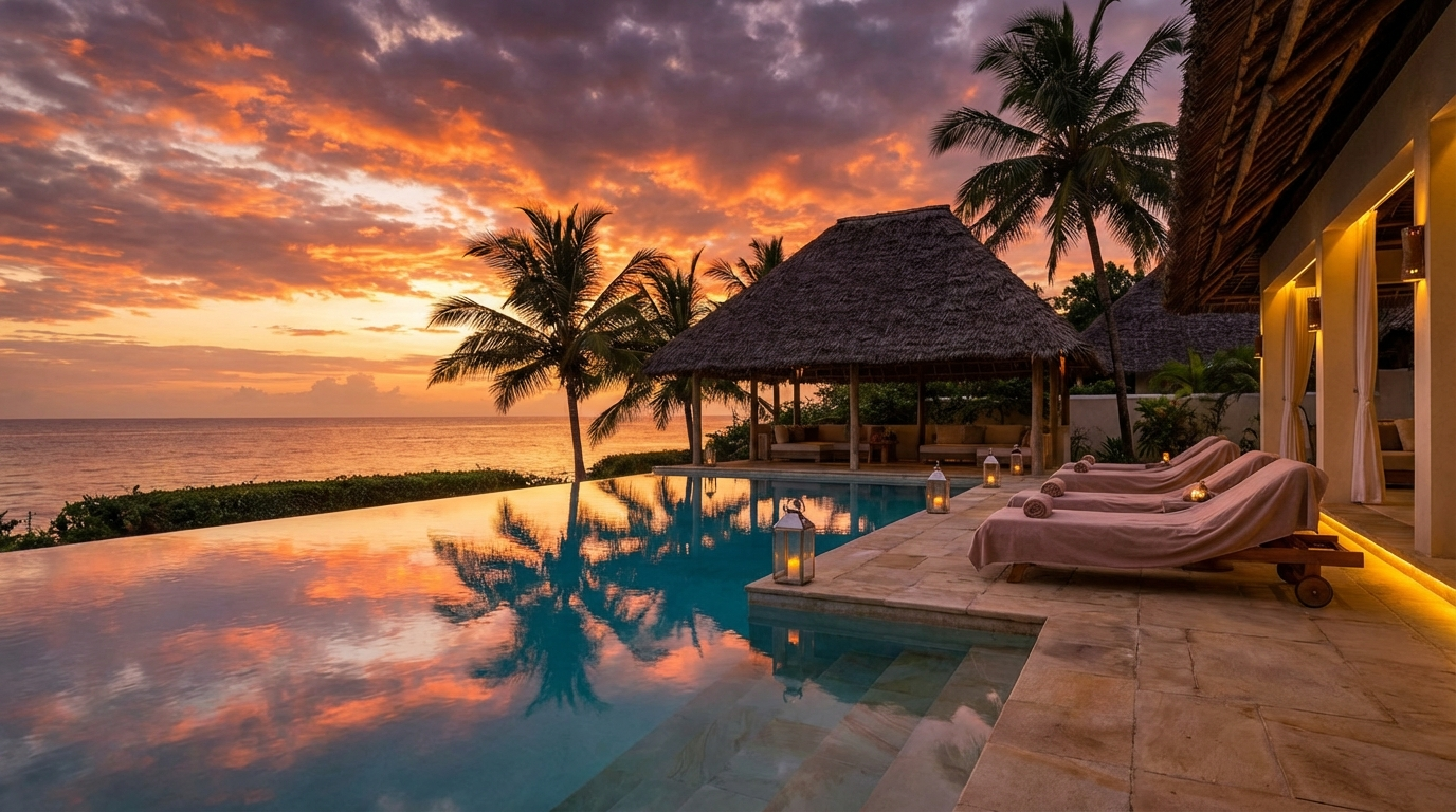 Luxury villa infinity pool at sunset overlooking Indian Ocean in Zanzibar – dream property investment destination