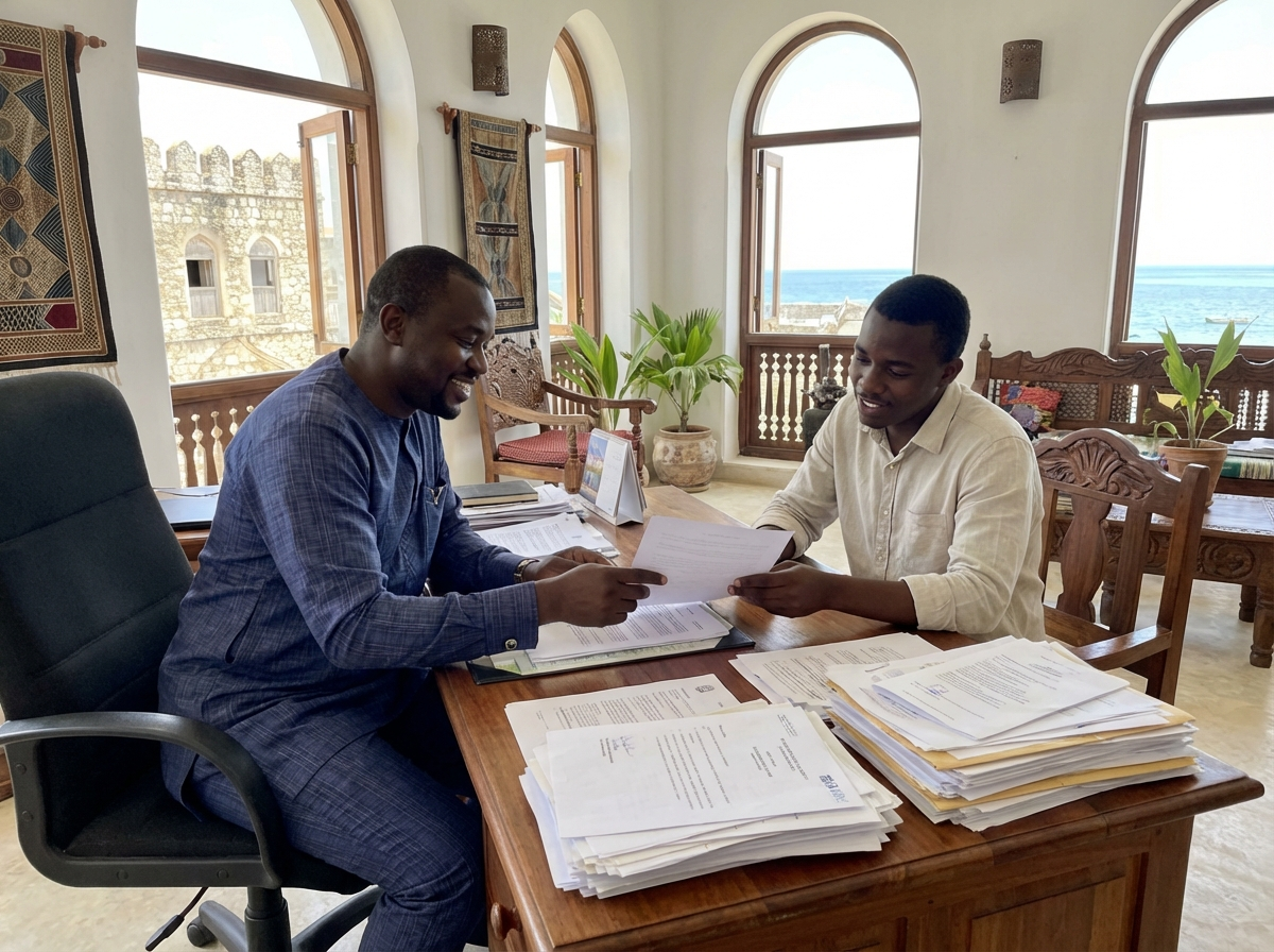Zanzibar property lawyer reviewing legal documents with client during due diligence consultation