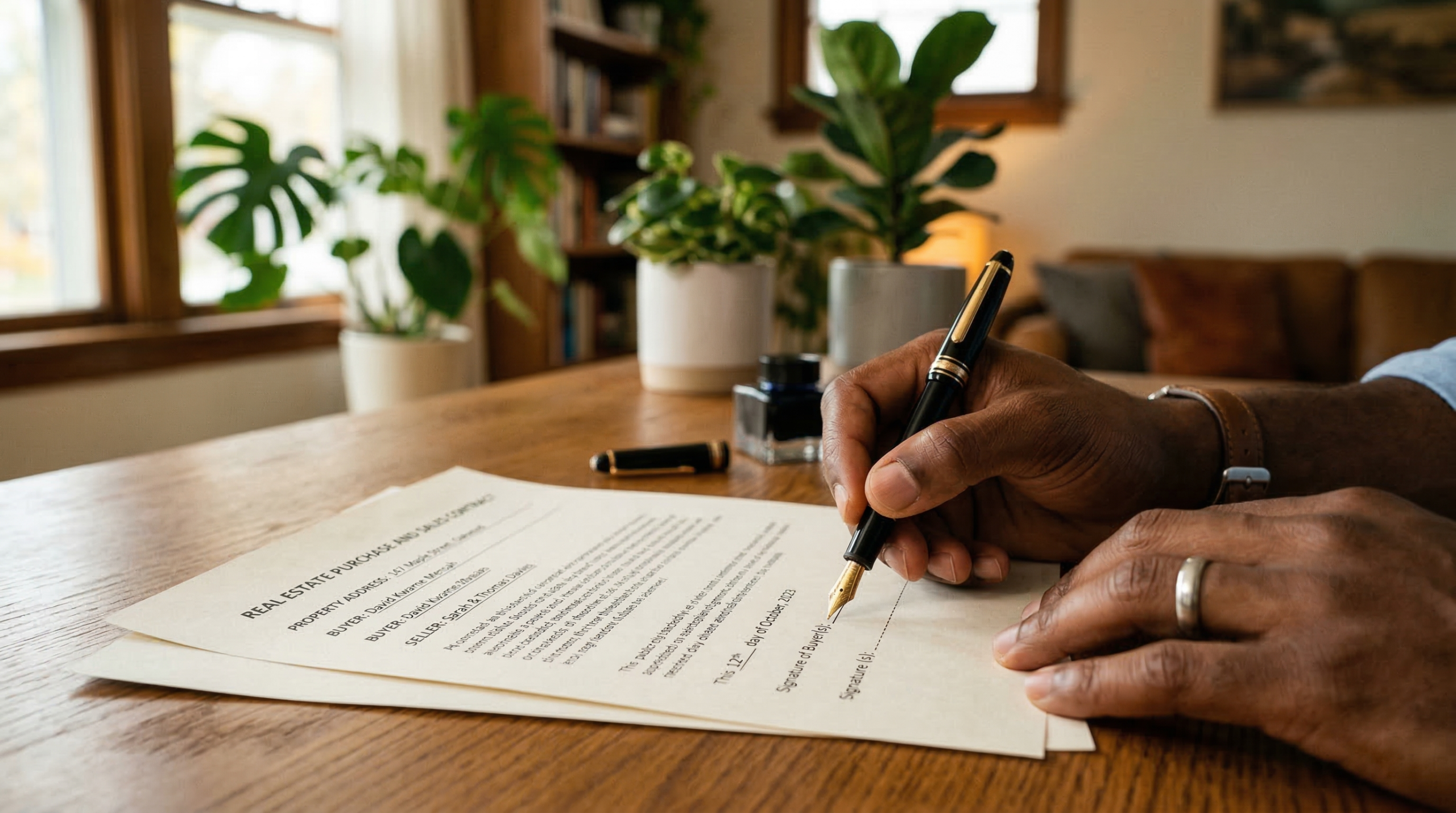 Person about to sign an estate agent contract — know what you are signing before the pen touches paper