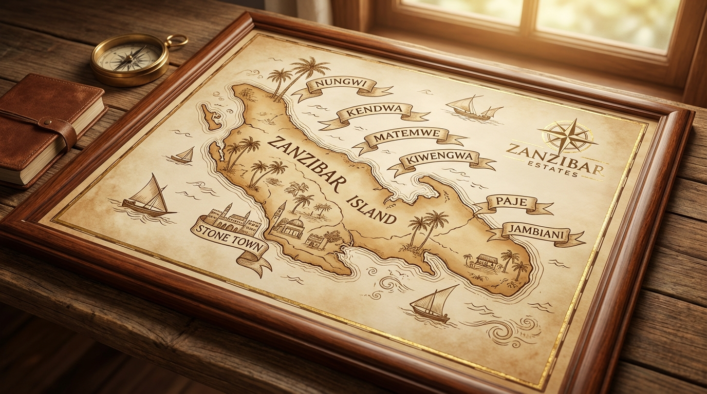 Stylized map of Zanzibar showing main property investment areas including Nungwi, Paje, Stone Town, and Kendwa