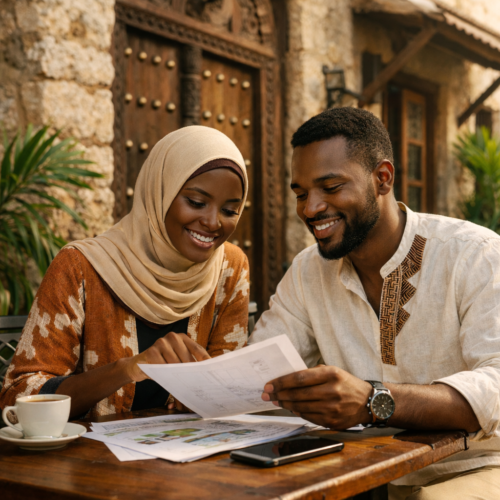 Young couple discussing property investment in Zanzibar