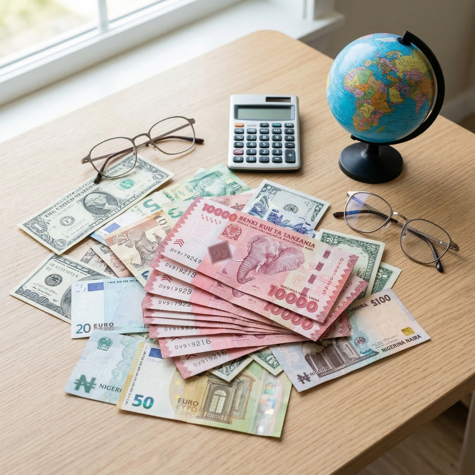 Flat lay composition on wooden table showing US Dollars, Euros, British Pounds, Kenyan Shillings, Nigerian Naira, and Tanzanian Shilling notes with calculator, reading glasses, and small globe pointing at East Africa, representing currency considerations for Zanzibar property buyers.