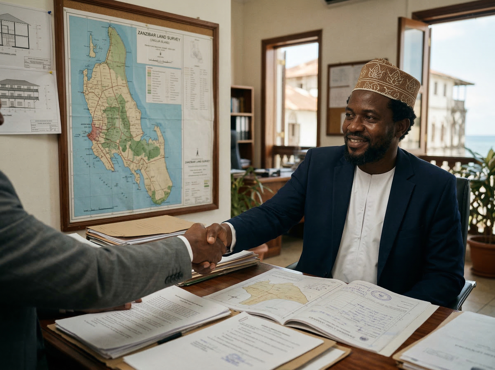 Professional setting in Zanzibar office with local Tanzanian lawyer at desk surrounded by papers and land map on wall, with two Black African hands shaking across the desk, representing legal due diligence for buying property in Zanzibar with authentic representation.