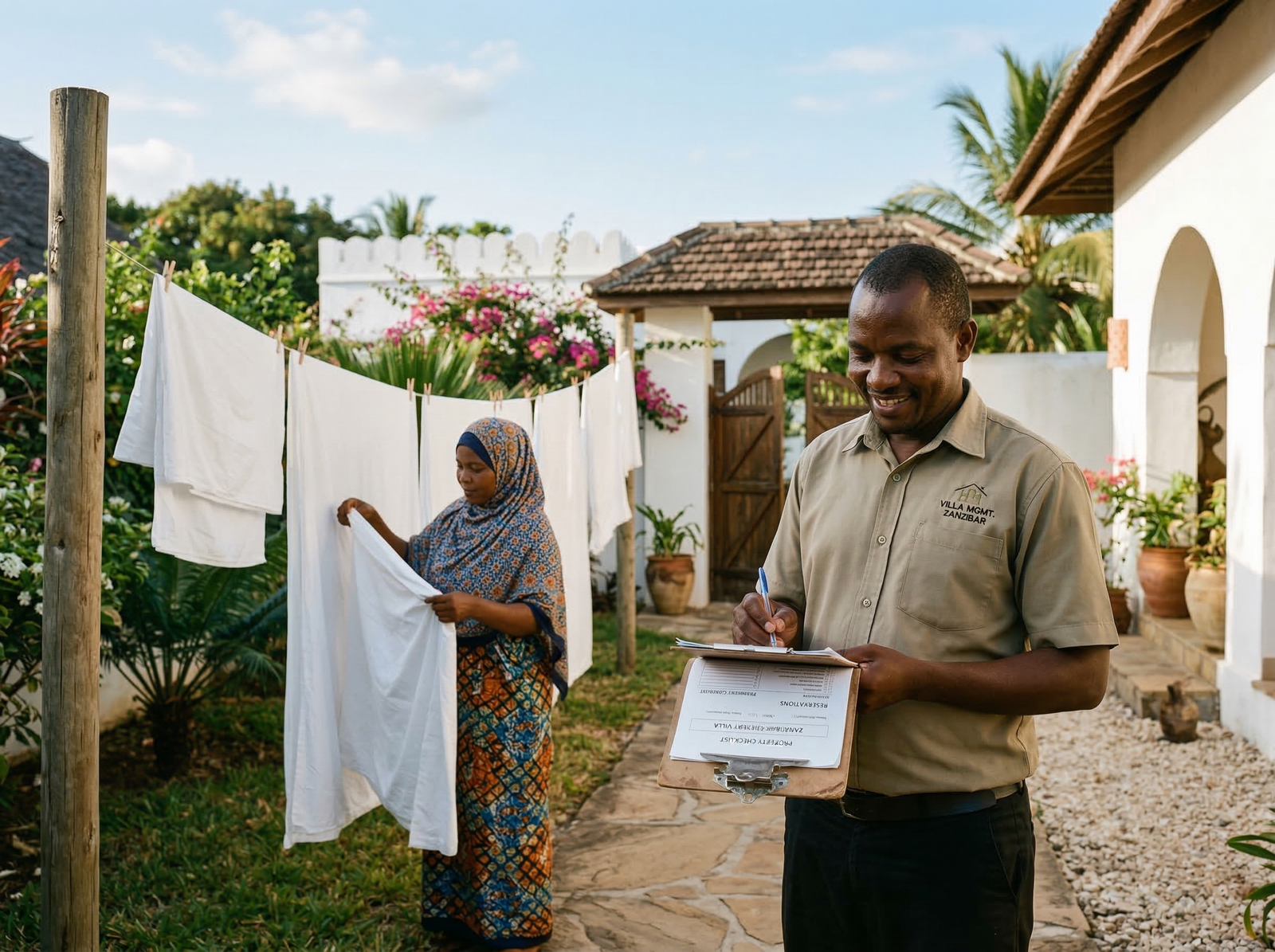 Local Tanzanian property manager smiling while checking clipboard outside a white villa with housekeeper folding white sheets in background, representing the active work required for buy to let property investment in Zanzibar.