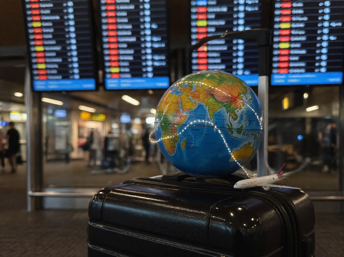 Globe showing broken flight paths from Europe through Dubai to Zanzibar with airport departure screens showing cancellations, moody lighting