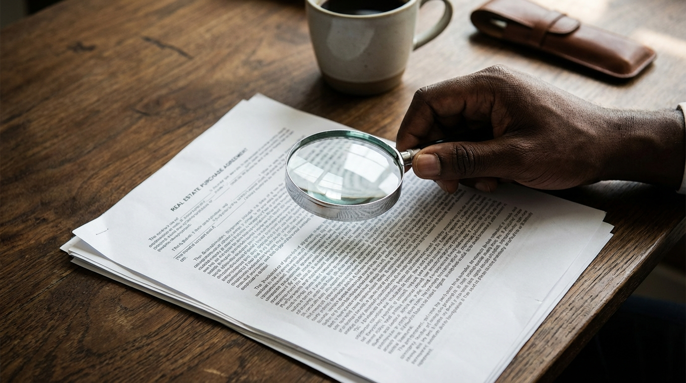 Person holding a magnifying glass over the fine print of an estate agent contract, carefully examining terms before signing.