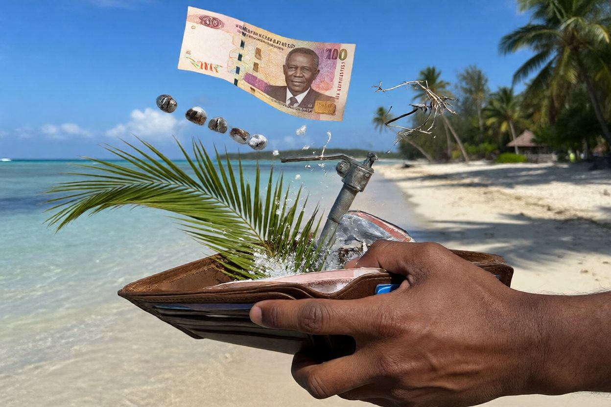 Creative concept of money flying out of wallet turning into palm leaves, salt spray corroding metal, broken water pump and electricity sparks against Zanzibar beach background