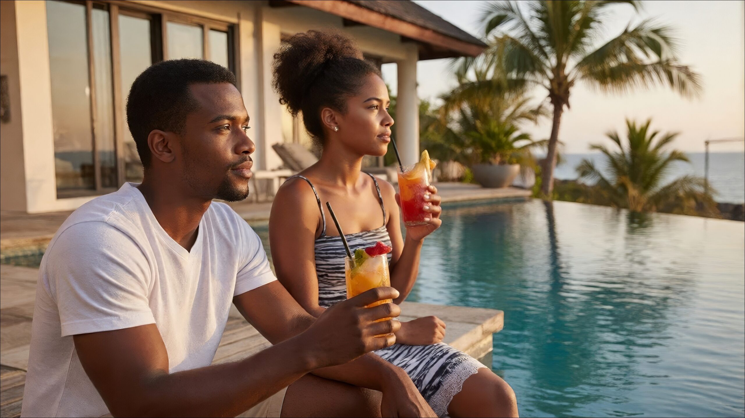 Diverse young African diaspora couple sitting at edge of Zanzibar villa pool at golden sunset, looking at ocean, drinks in hand, relaxed aspirational mood