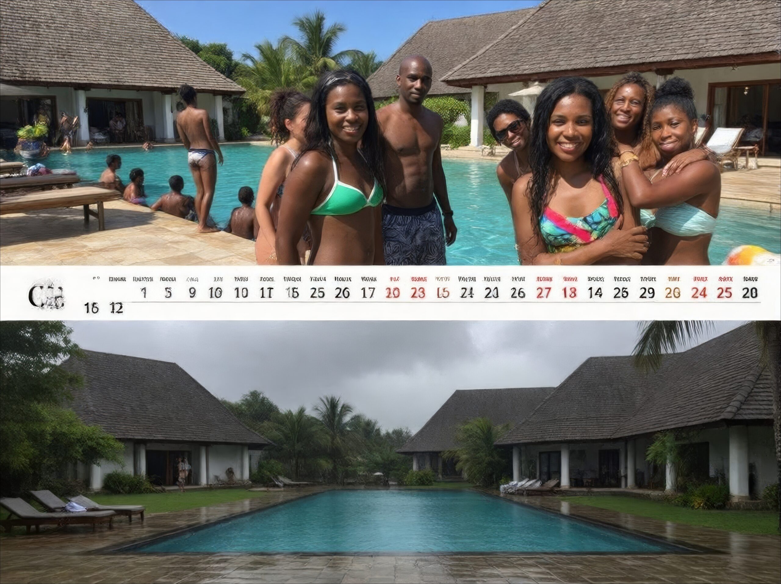 Split comparison of Zanzibar villa in high season with sunny pool and happy tourists versus low season with grey clouds, rain and empty pool