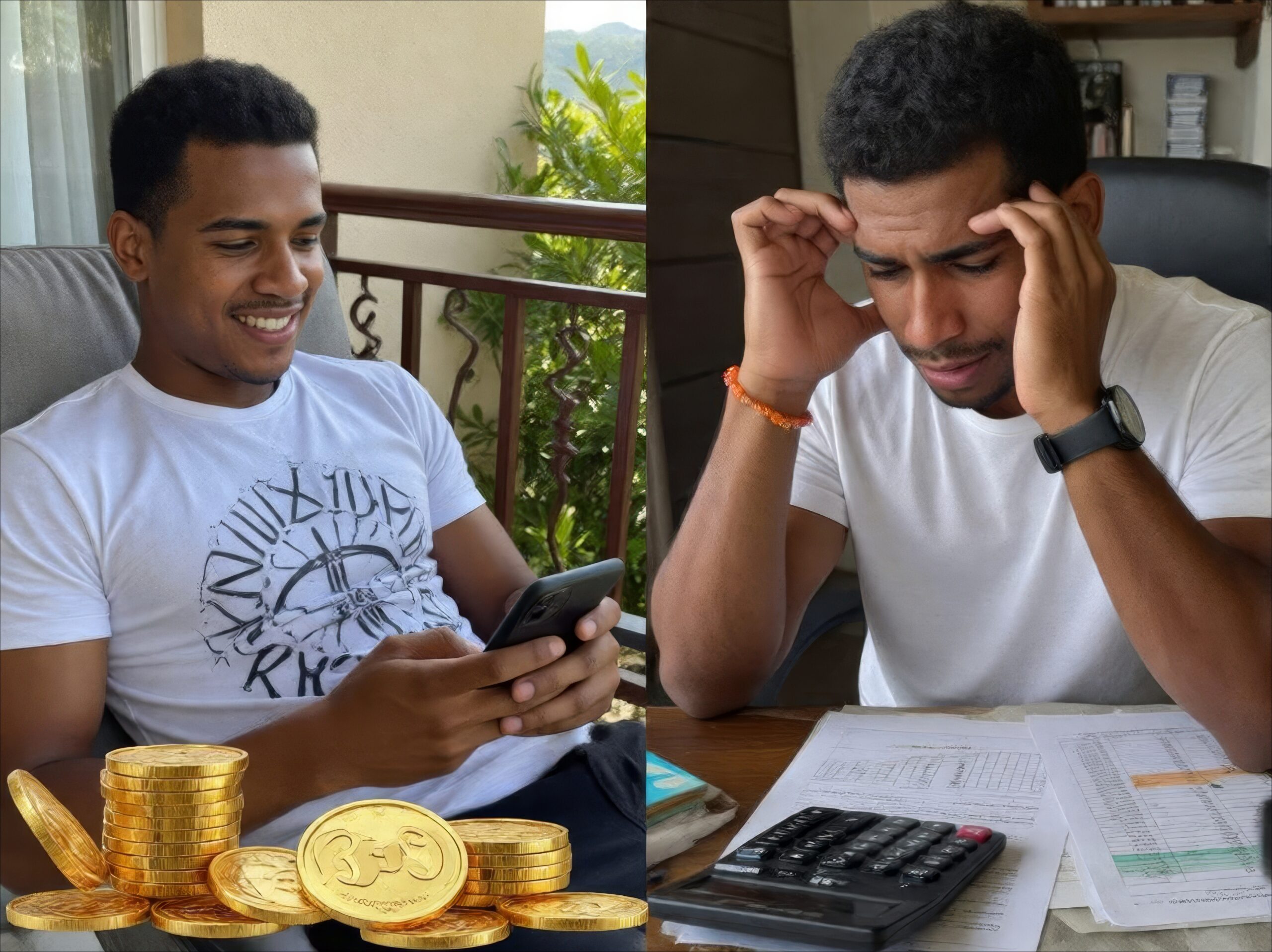 Split image showing left side a person relaxing on Zanzibar villa balcony looking at phone with dollar signs, right side same person stressed at desk with calculators and spreadsheets