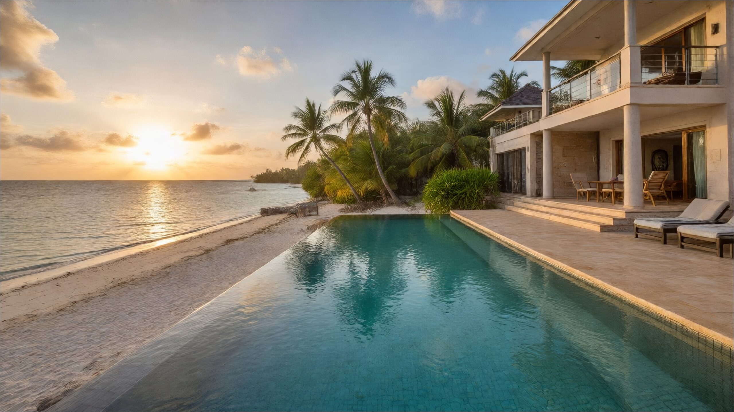 Stunning modern luxury villa in Zanzibar with infinity pool overlooking turquoise ocean at golden sunset, palm trees surrounding the property