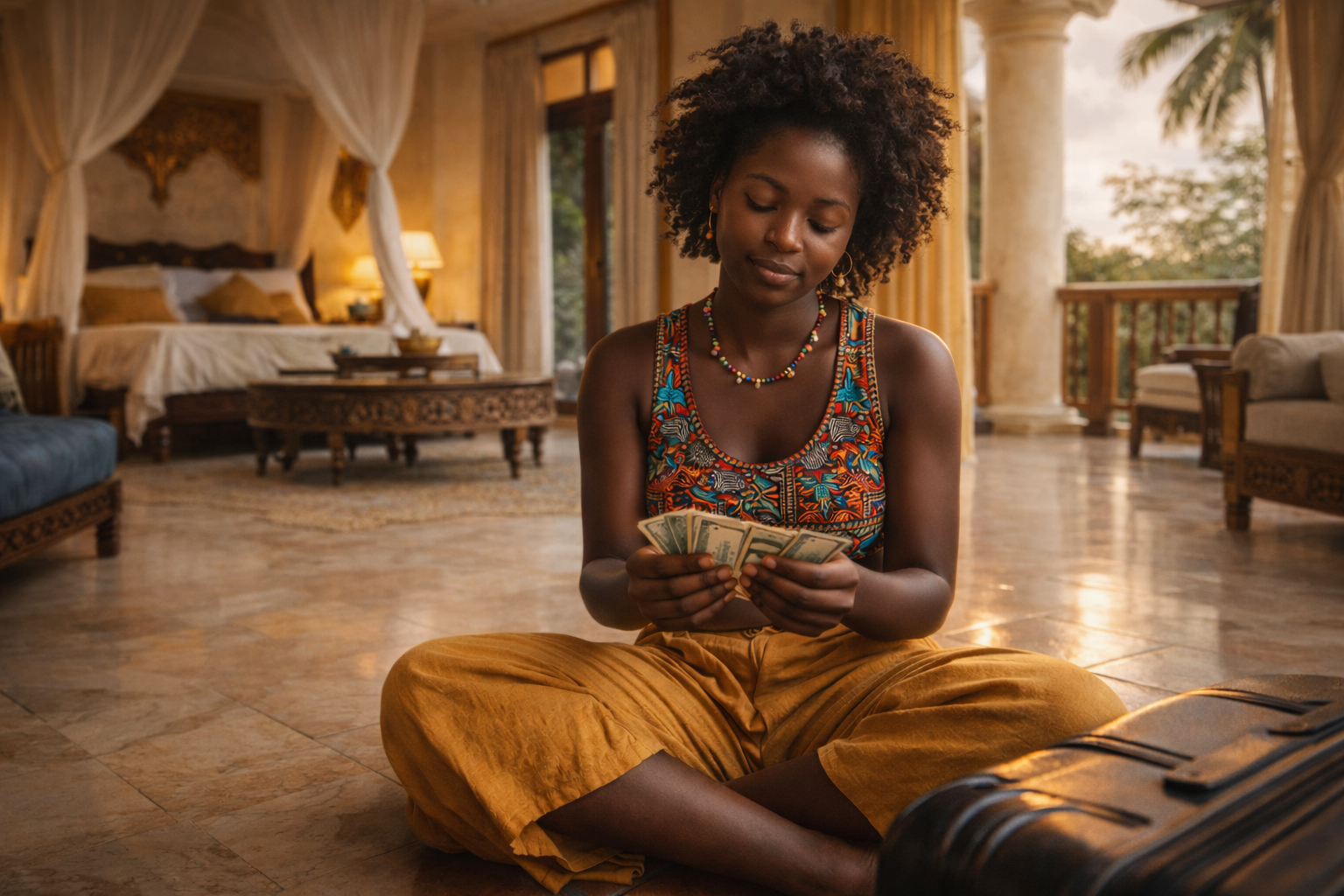 Person sitting on floor of beautiful Zanzibar villa counting modest stack of cash, looking satisfied but realistic, warm lighting through villa interior