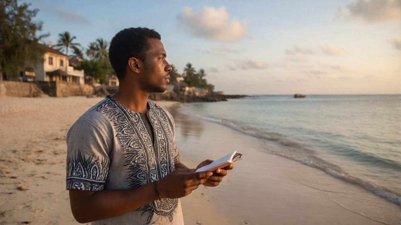 Confident handsome African investor in refined Afrocentric attire standing on a Zanzibar beach at sunrise, reflecting before buying property