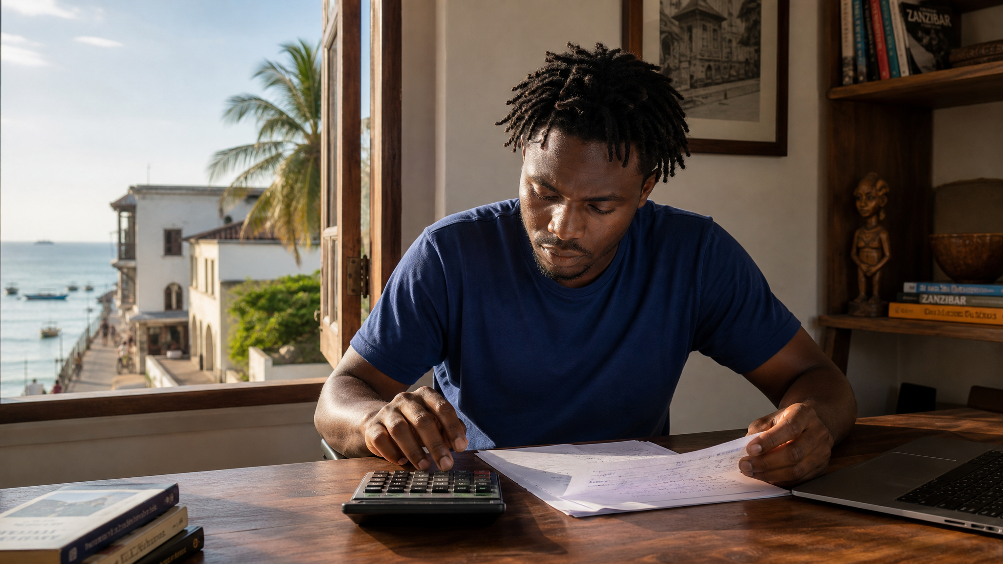 African man with locs calculating savings at a desk, coastal Zanzibar background – building capital for property