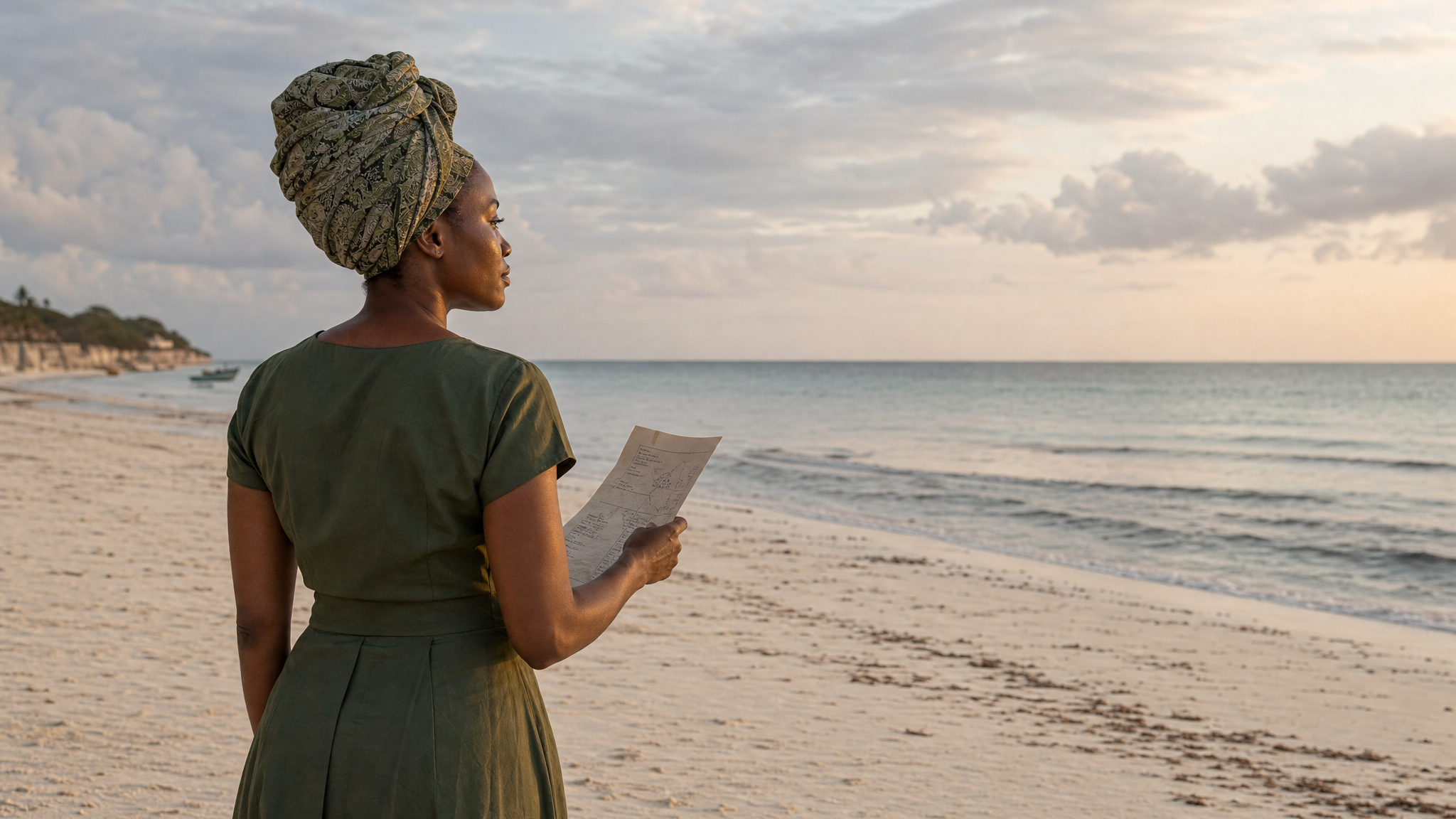 Woman with wrapped headscarf on Zanzibar beach holding a property checklist – first steps in property