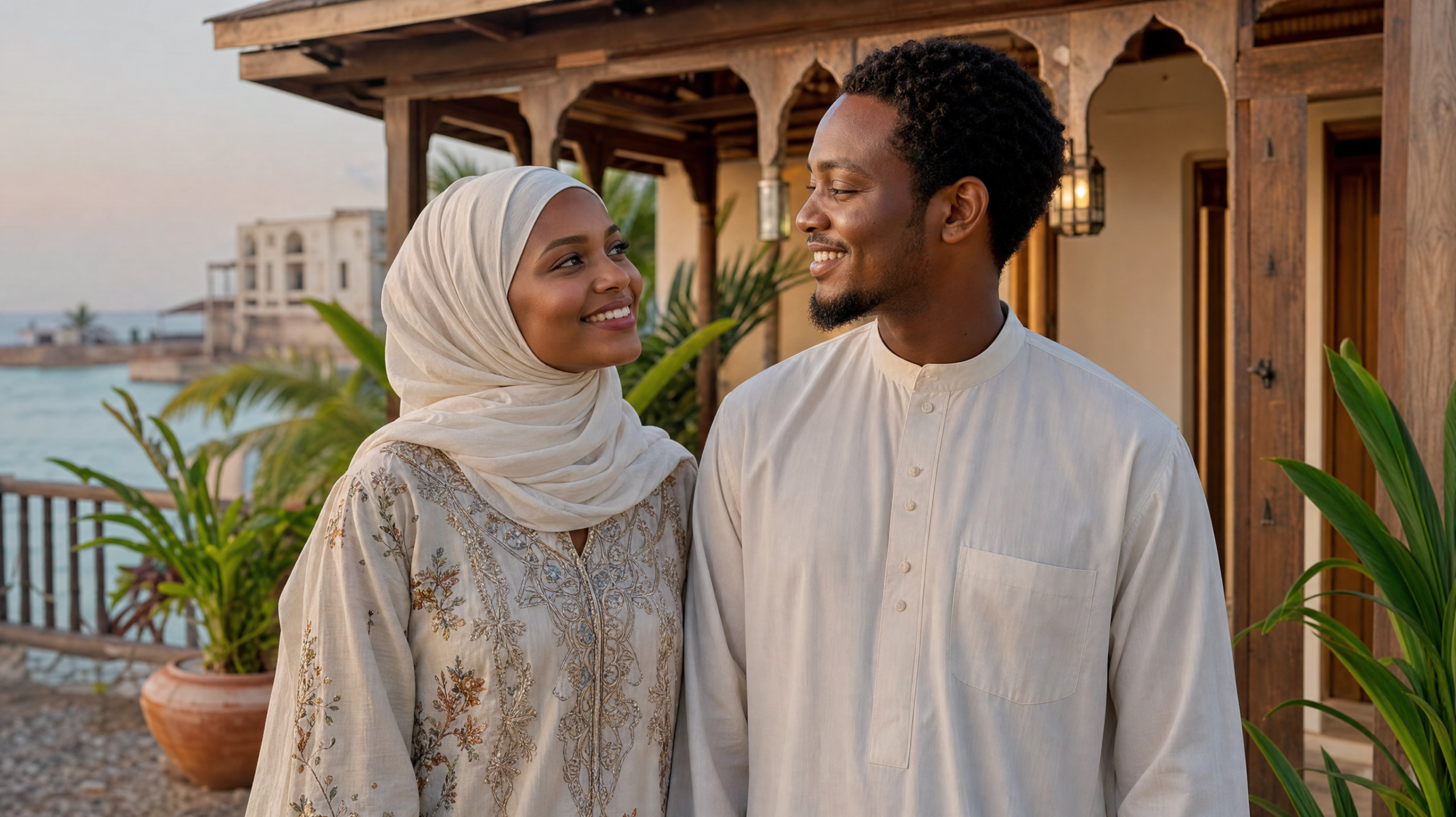 African couple outside a modest Zanzibar home, smiling gently – realistic property journey