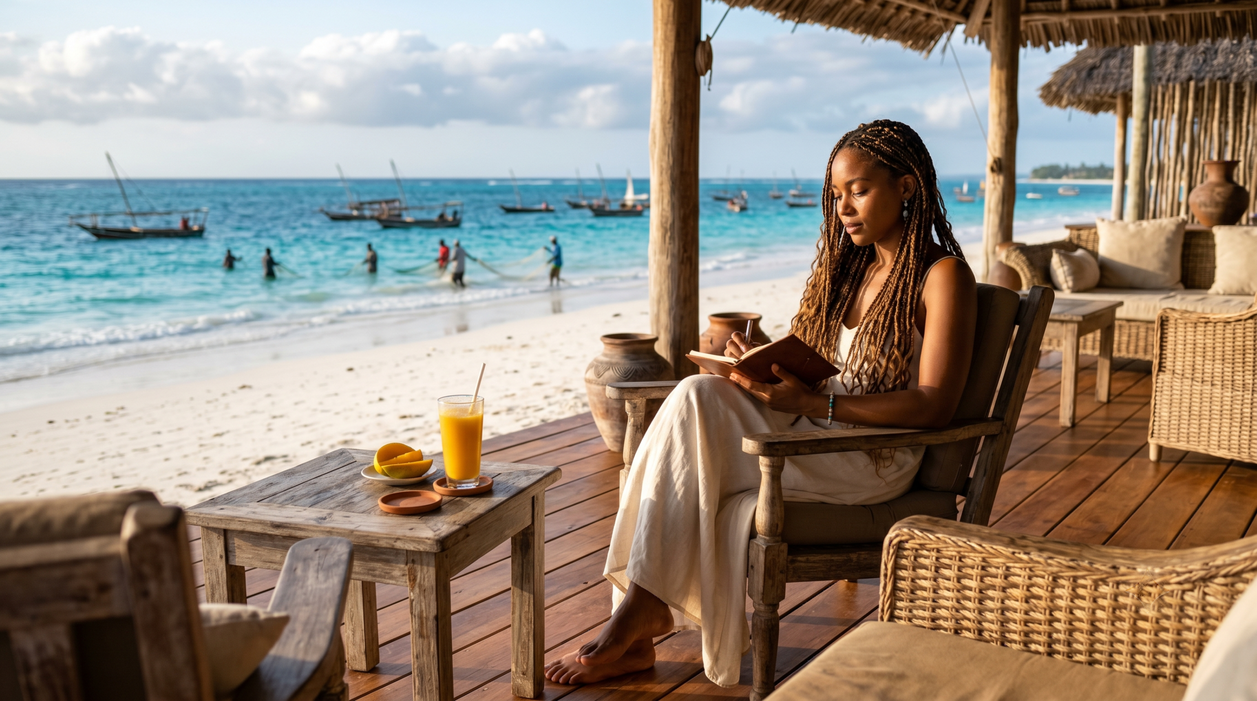 Young African woman with braids on a Zanzibar veranda, thoughtfully writing in a notebook – starting property with little money