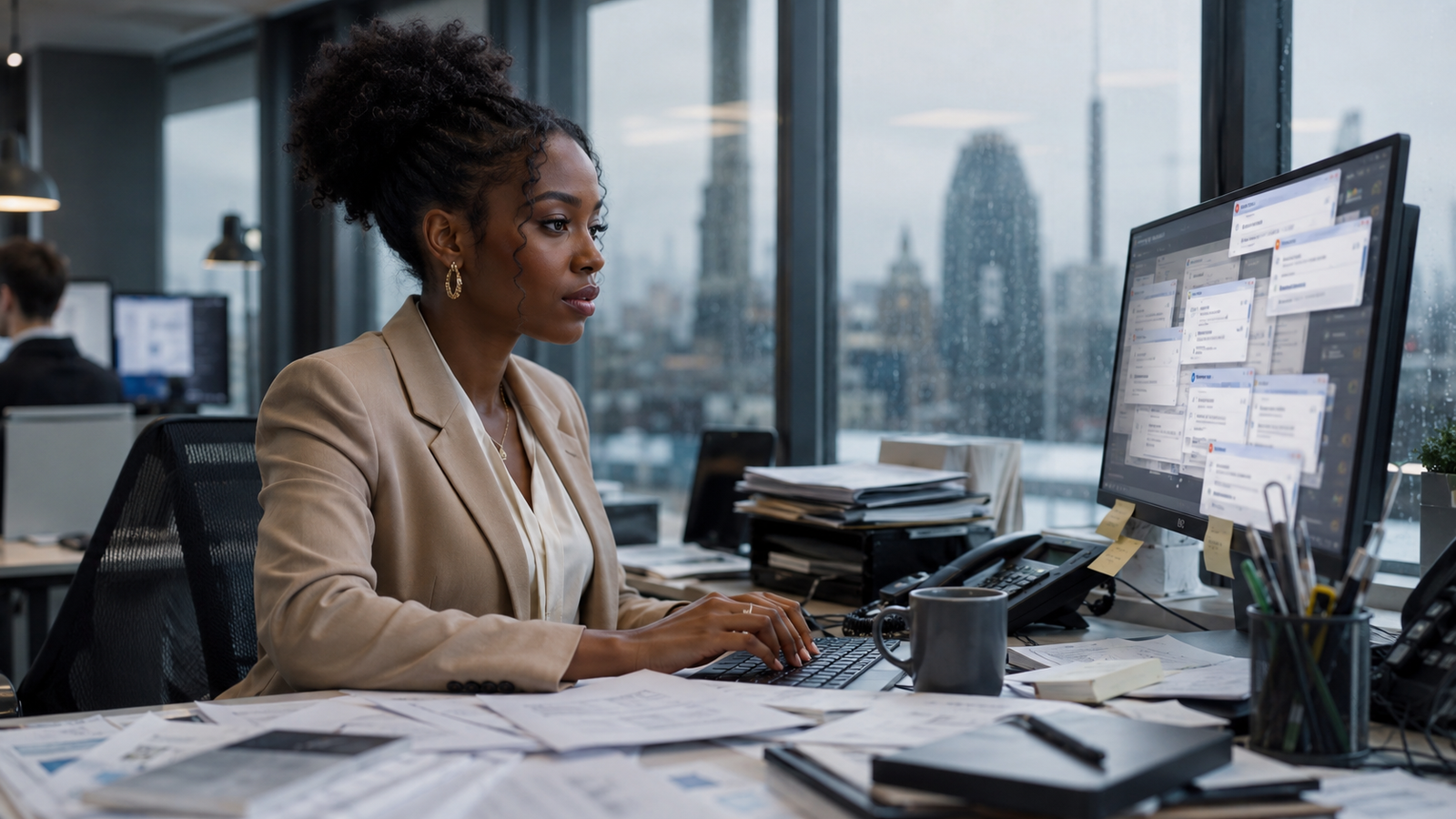 Woman at desk dreaming of a different life
