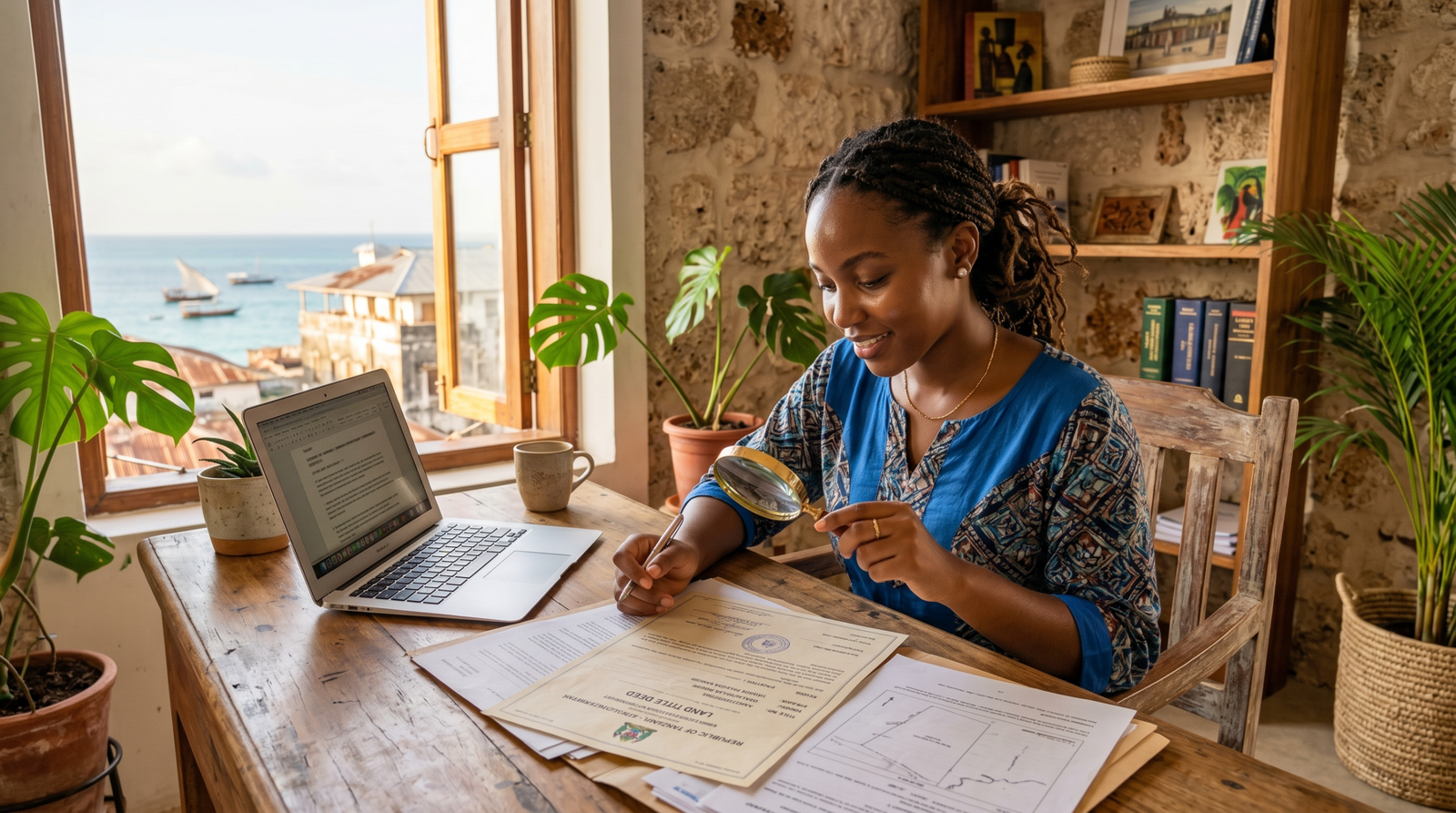 African diaspora woman reviewing property documents in Zanzibar office