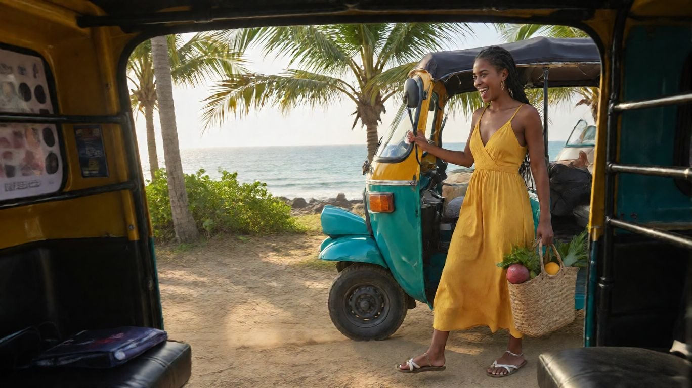 beautiful young woman stepping out of bajaji near Zanzibar beach with fresh market shopping