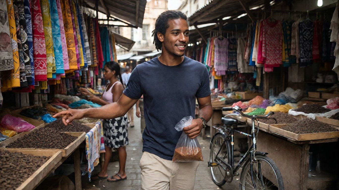 Very handsome 20-something year old dark-skinned African man with short locs shopping at Stone Town market Zanzibar