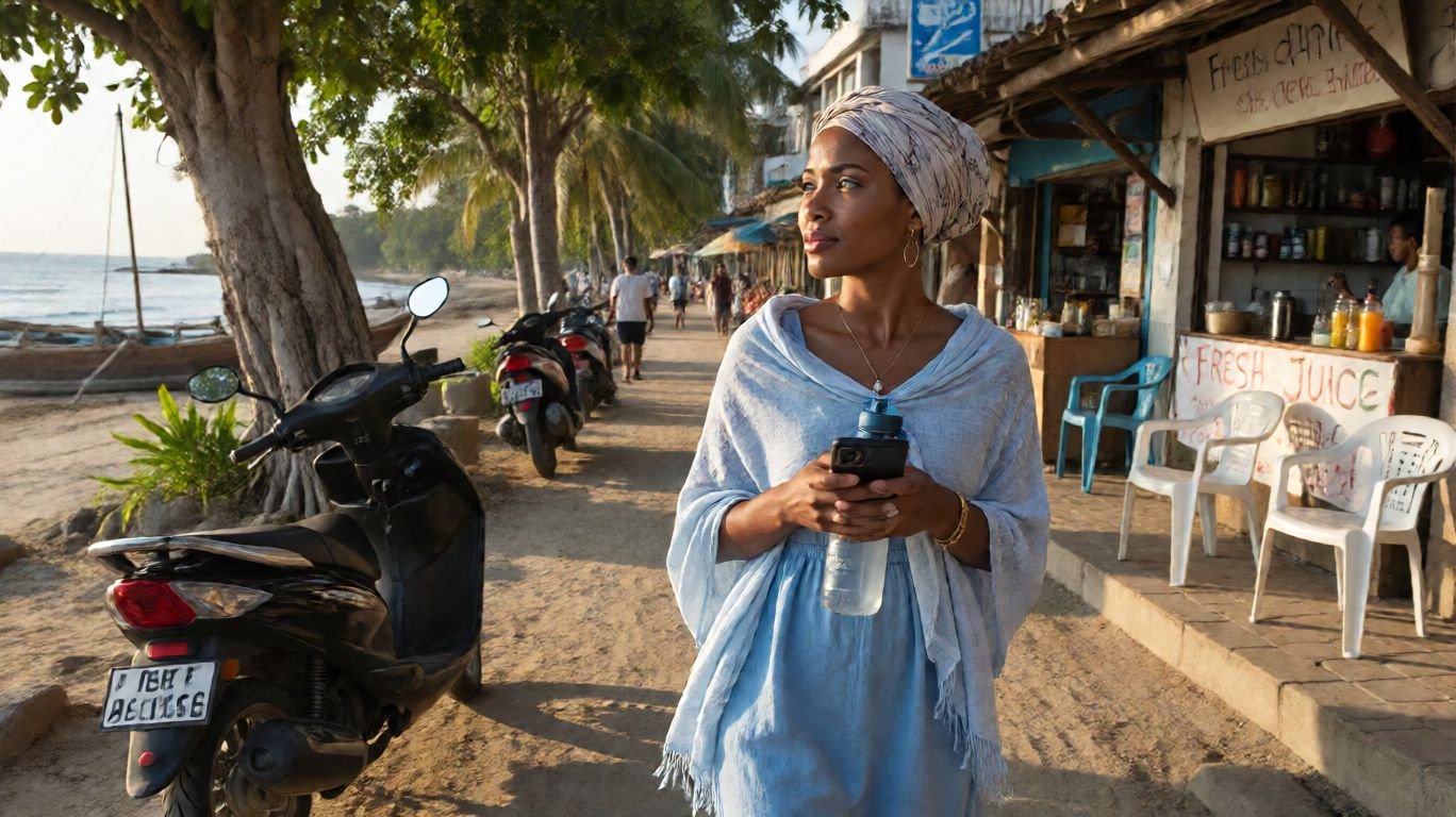 Very beautiful 20-something year old dark-skinned African woman with wrapped headscarf walking from inland to Zanzibar beach past local cafe