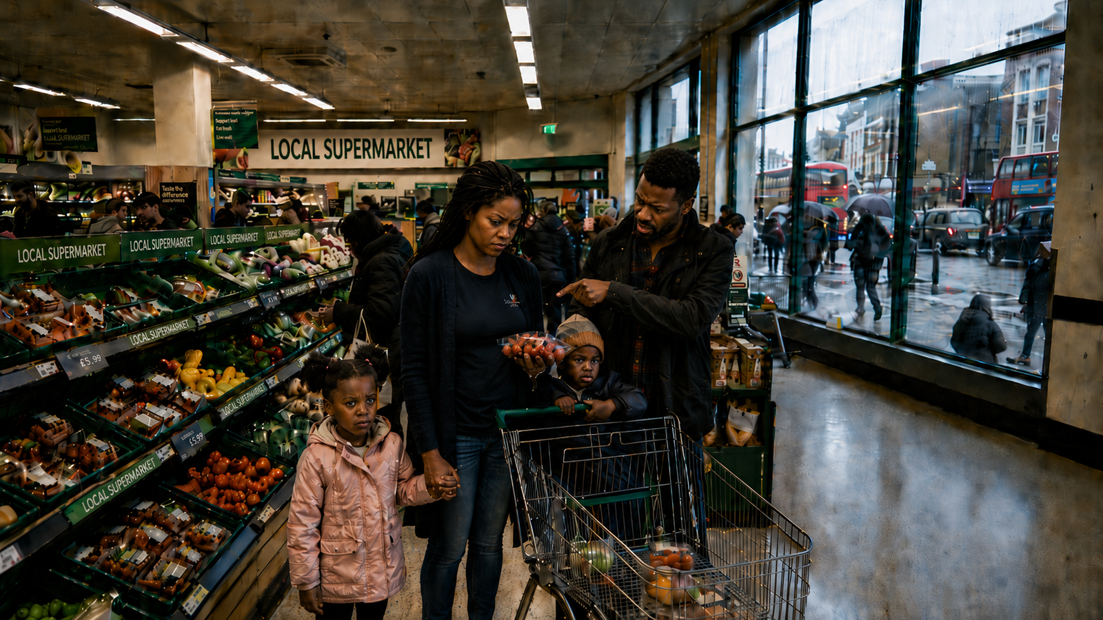 Family in supermarket queue