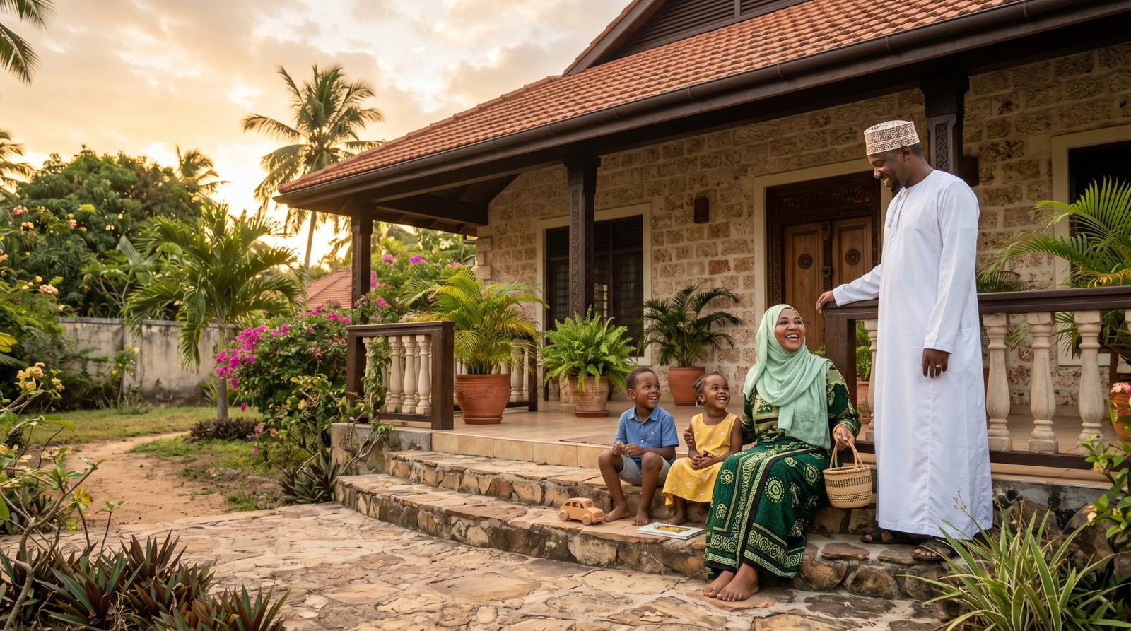 A Zanzibari father, mother, and two young children standing together outside their traditional coral stone home in warm golden light.