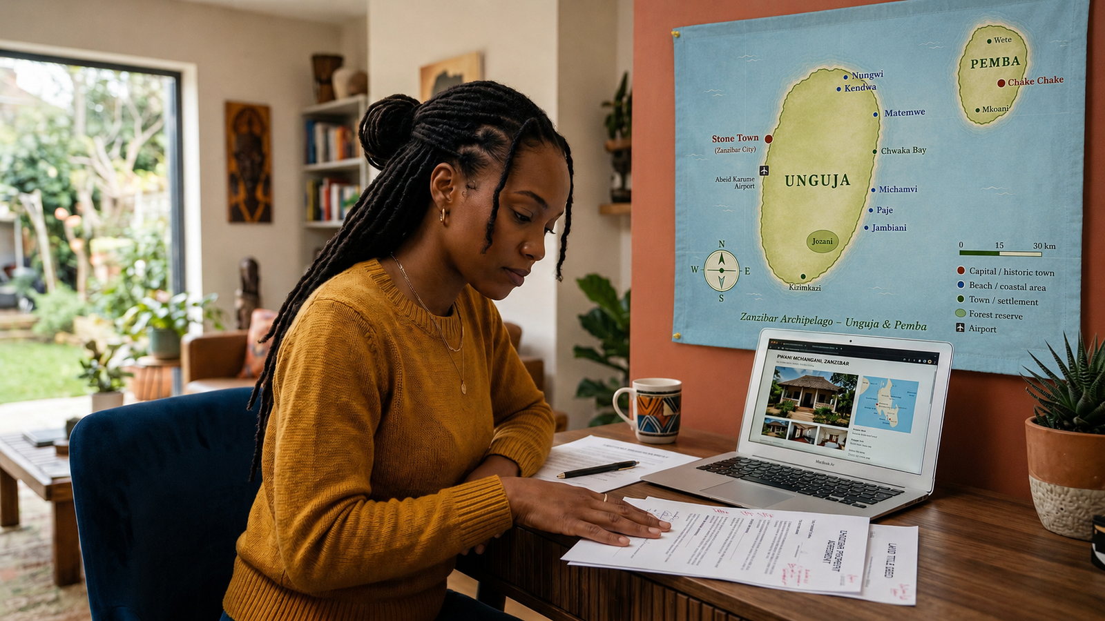 An African diaspora woman in her early 30s sits at a wooden desk with a laptop and printed legal documents, researching Zanzibar property.