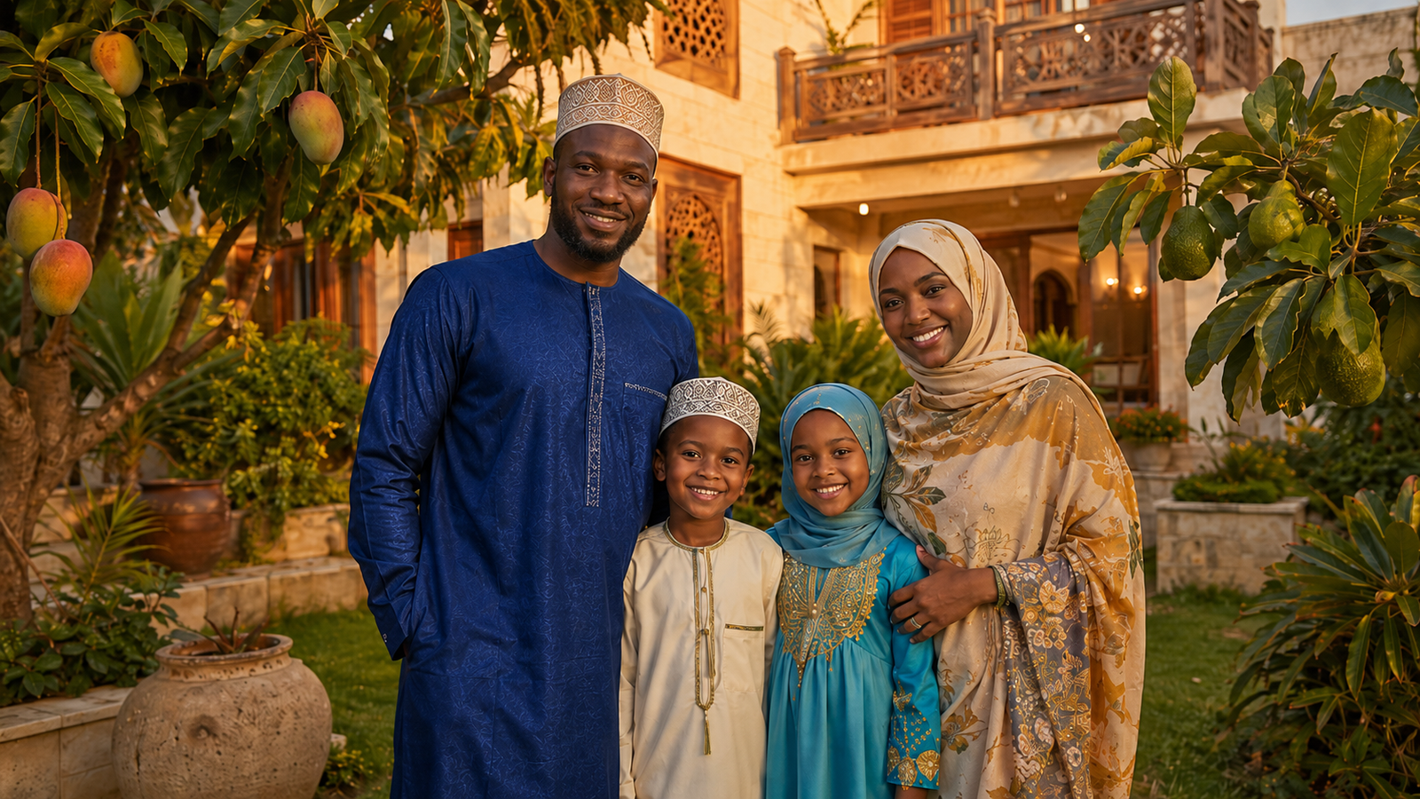 Zanzibari family standing outside their large traditional coral stone home at golden hour.