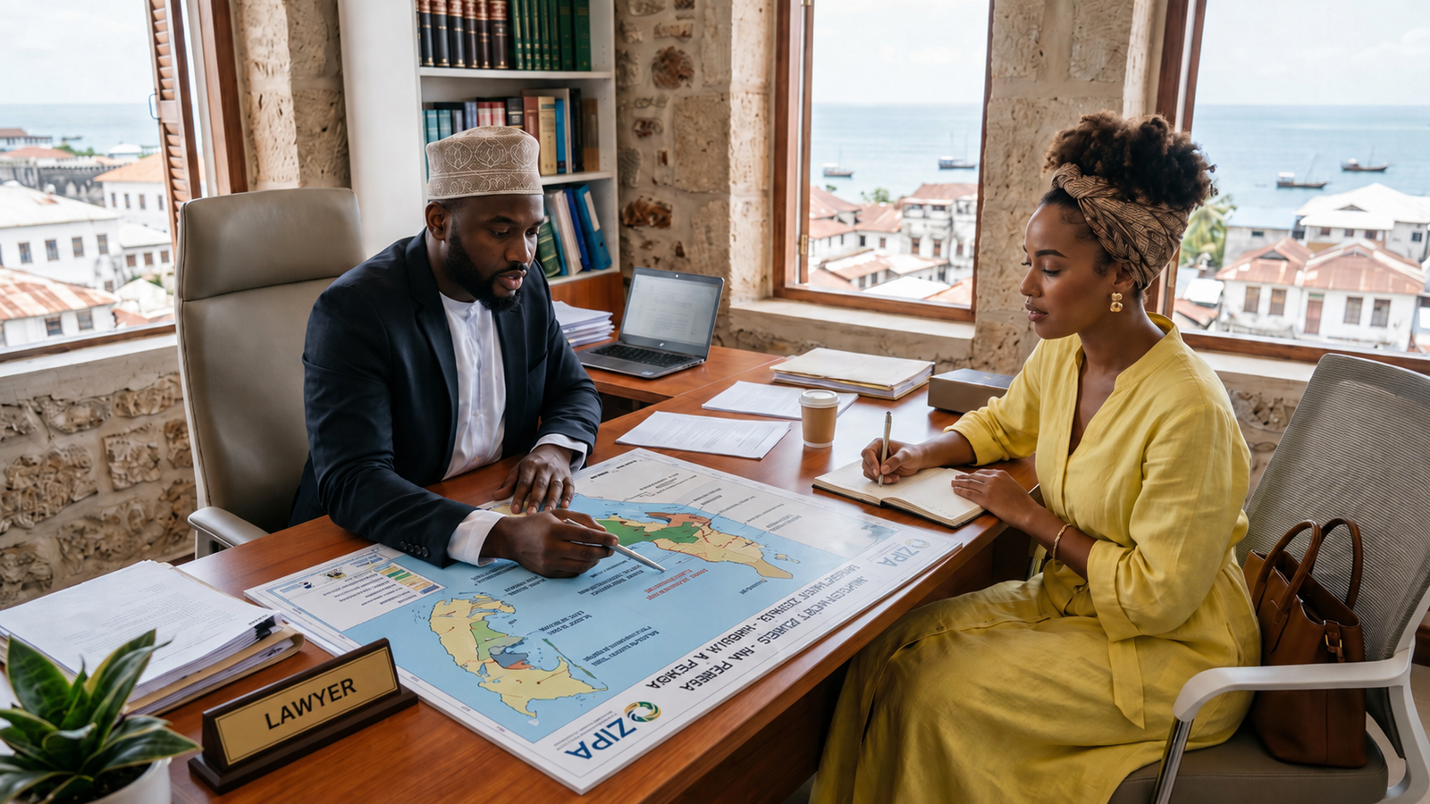 A Zanzibari man in a kanzu sits with a diaspora woman reviewing a ZIPA investment zone map.