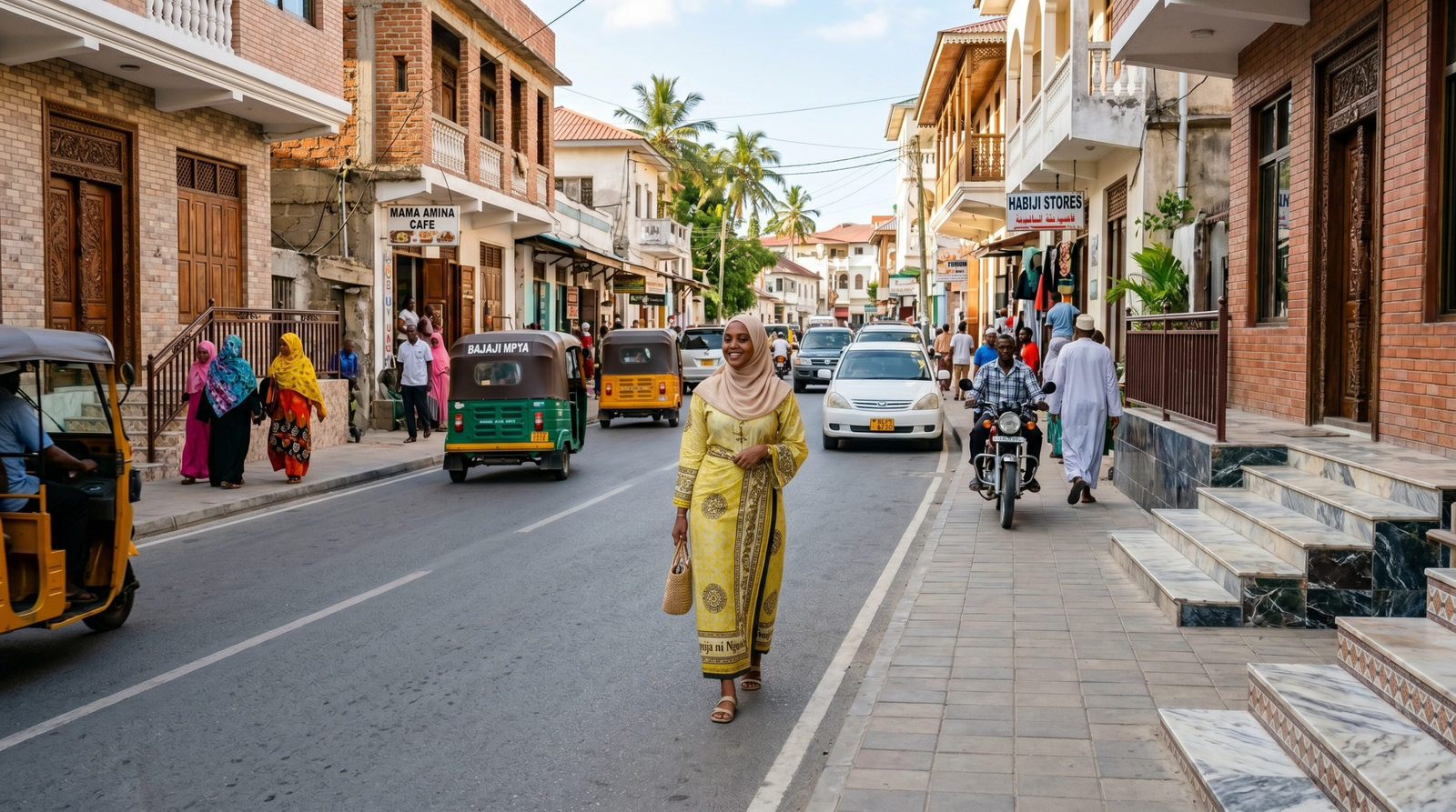A young Zanzibari Muslim woman in hijab and kanga walking along a wide street lined with brick houses with marble steps.