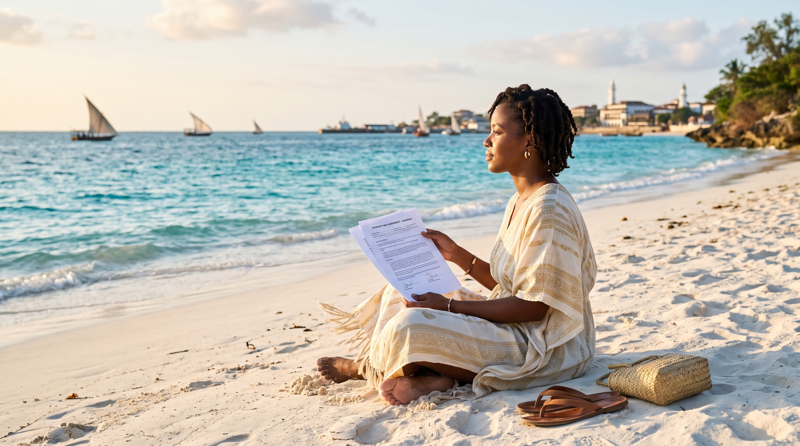 Beautiful young woman sitting on Zanzibar beach holding a property contract, looking thoughtfully at the ocean with Stone Town in the distance
