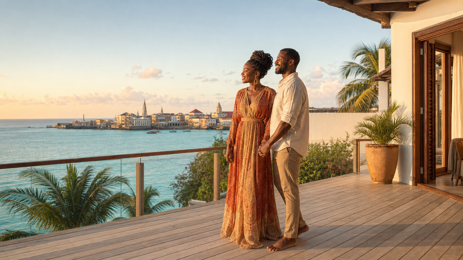 African couple in their early 30s standing on wooden deck of modern Zanzibar villa overlooking Indian Ocean at golden sunset with Stone Town in distance