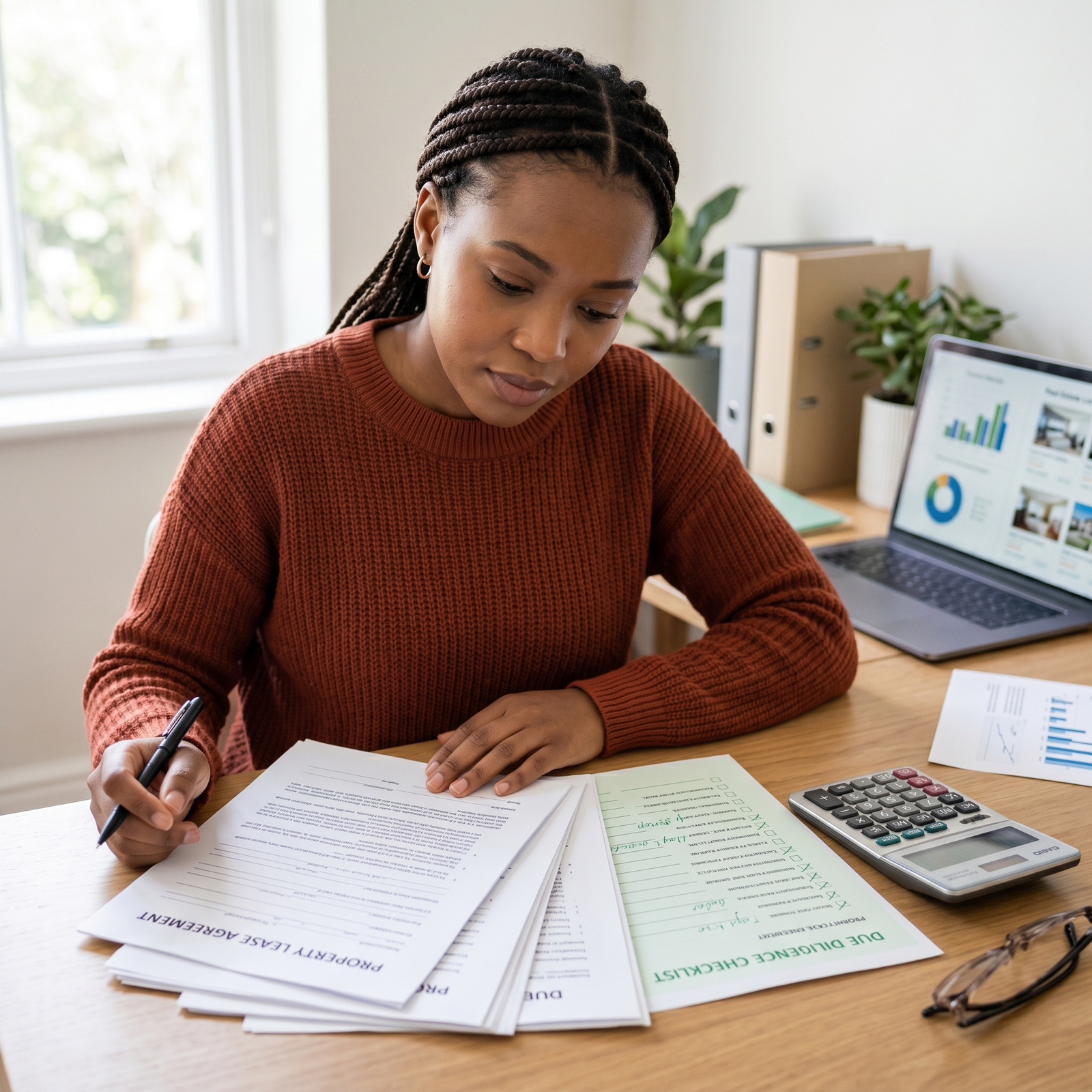 Focused African diaspora woman reviewing property documents on her laptop at a wooden desk.